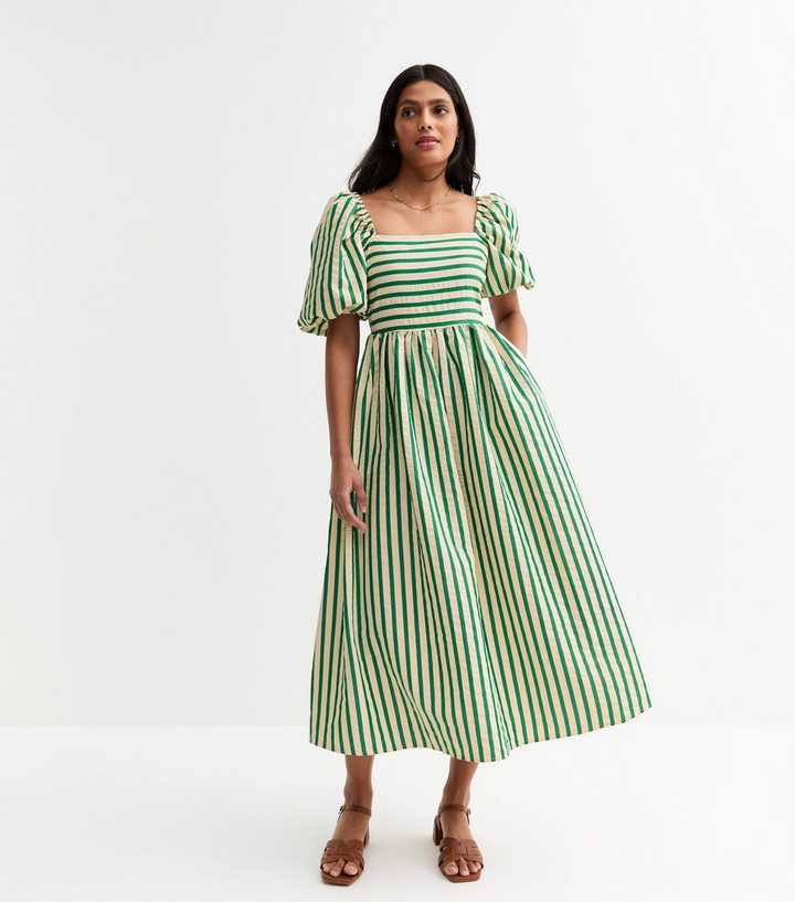 new look striped midi dress Green Striped Puffed Sleeve Midi Dress
