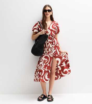 Red Abstract Print Wrap Midi Dress