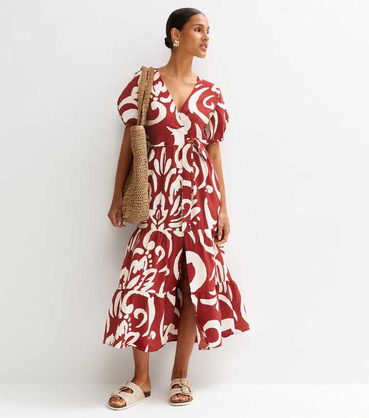 Red Abstract Print Wrap Midi Dress