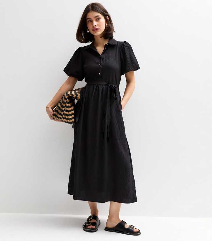 Black Crinkle Textured Puff Sleeve Belted Midi Dress
