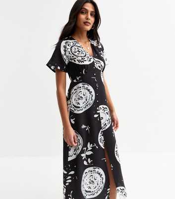 Black Plate Print Button Through Midi Tea Dress