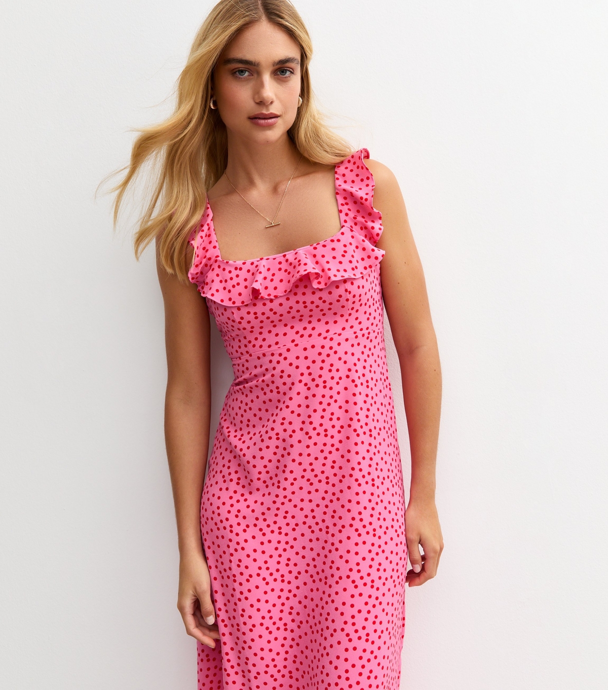 Women's Pink Polka Dot Ruffle Trimmed Midi Dress New Look