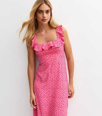 Pink Polka Dot Ruffle Trimmed Midi Dress