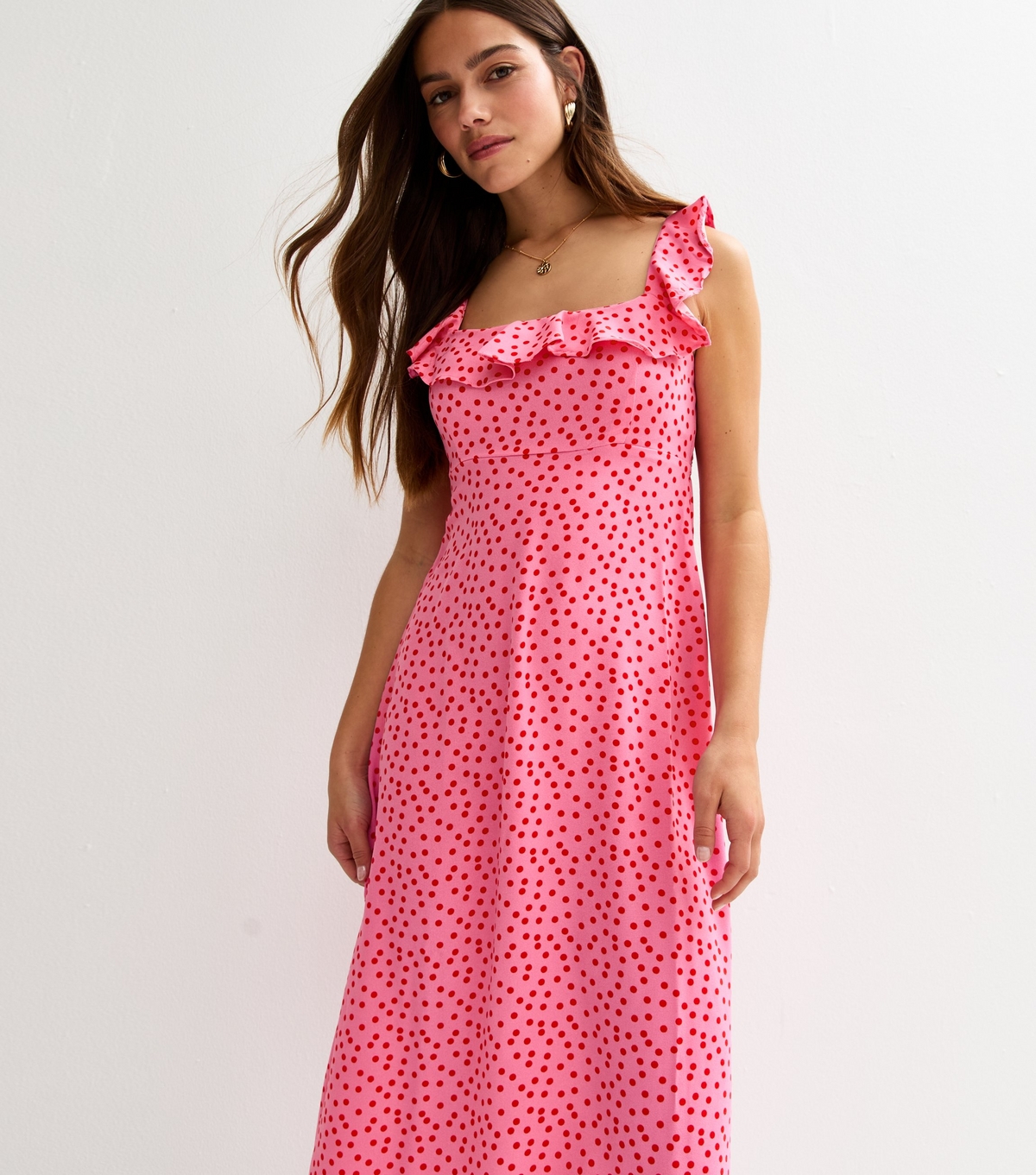 Women's Petite Pink Polka Dot Ruffle Trim Midi Dress New Look