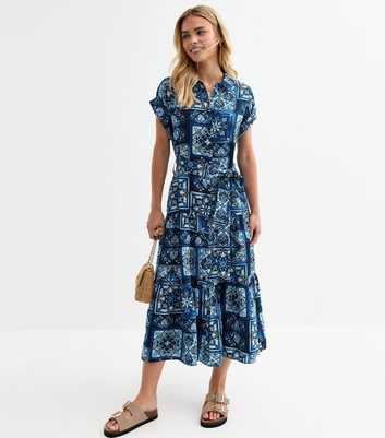 Petite Blue Tile Print Midi Shirt Dress