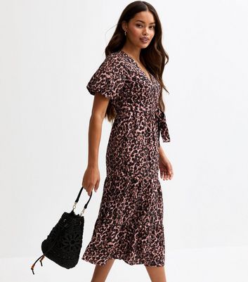 Petite Brown Leopard Print Wrap Style Midi Dress