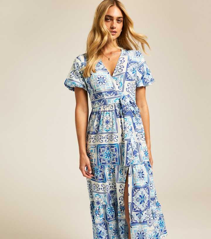 Blue Tile Print Tiered Wrap Midi Dress