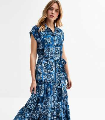 Blue Tile Print Cap Sleeve Shirt Dress