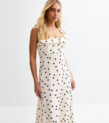 Cream Polka Dot Ruffle Trim Chiffon Midi Dress