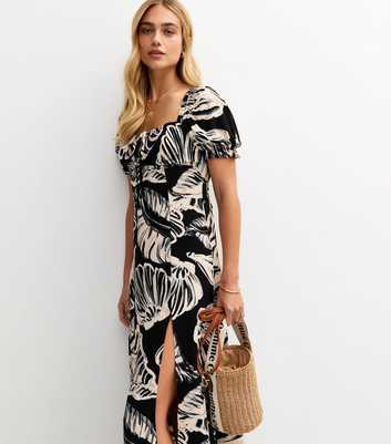 Black Shell Print Milkmaid Midi Dress