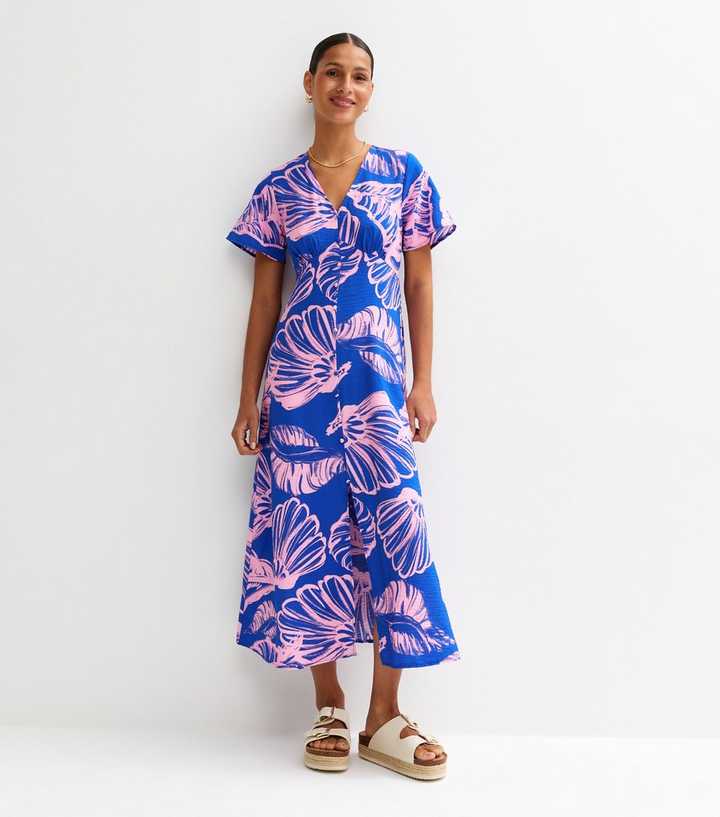 Blue Shell Print Button Down V-Neck  Midi Dress