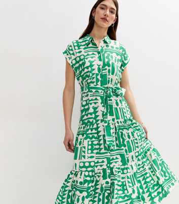 Green Abstract Print Short Sleeve Midi Shirt Dress