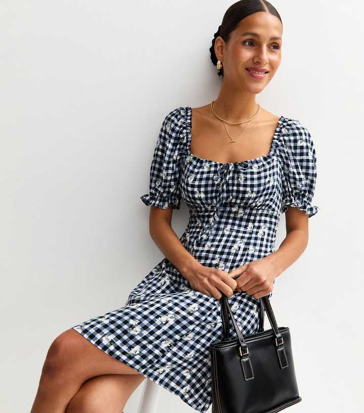 Navy Gingham Floral Embroidered Milkmaid Mini Dress