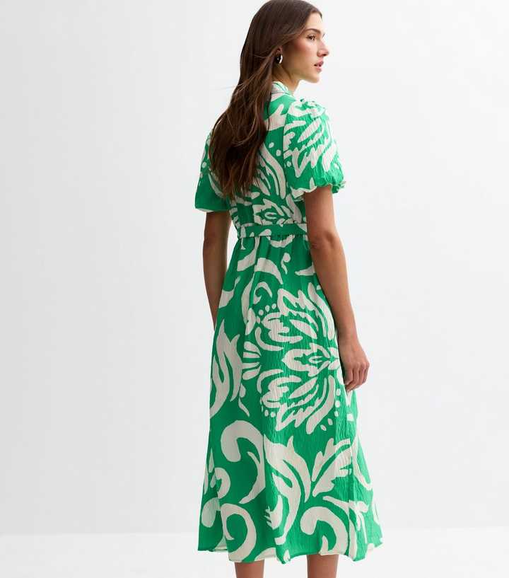 Green Swirl Print Puff Sleeve Midi Shirt Dress Green Swirl Print Puff Sleeve Midi Shirt Dress