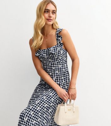 Navy Gingham Check Floral Print Midi Dress | New Look