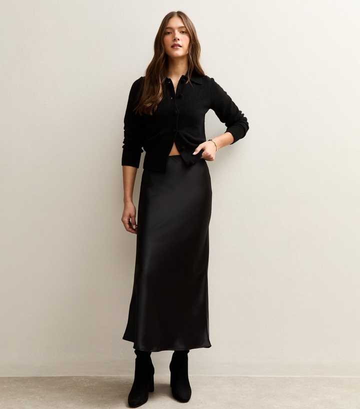Black Satin Bias Cut Maxi Skirt 