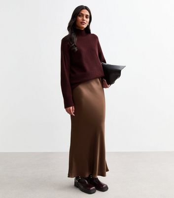 Brown Satin Bias Cut Midi Skirt New Look