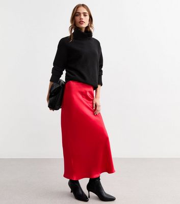 Red Satin Bias Cut Midi Skirt New Look