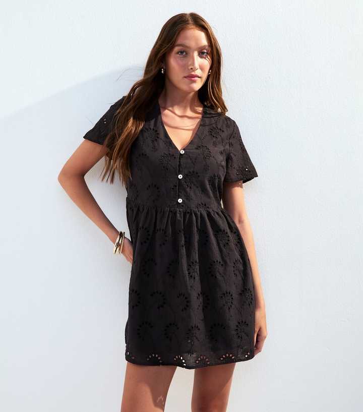 Black Broderie Anglaise V Neck Mini Dress