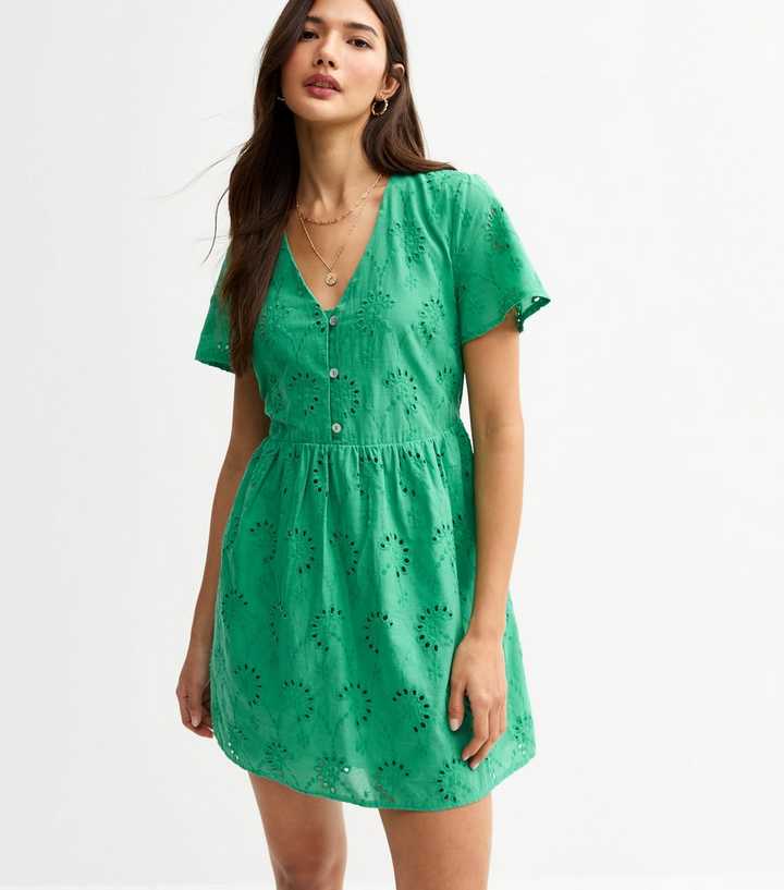 Green Broderie Anglaise V Neck Mini Dress