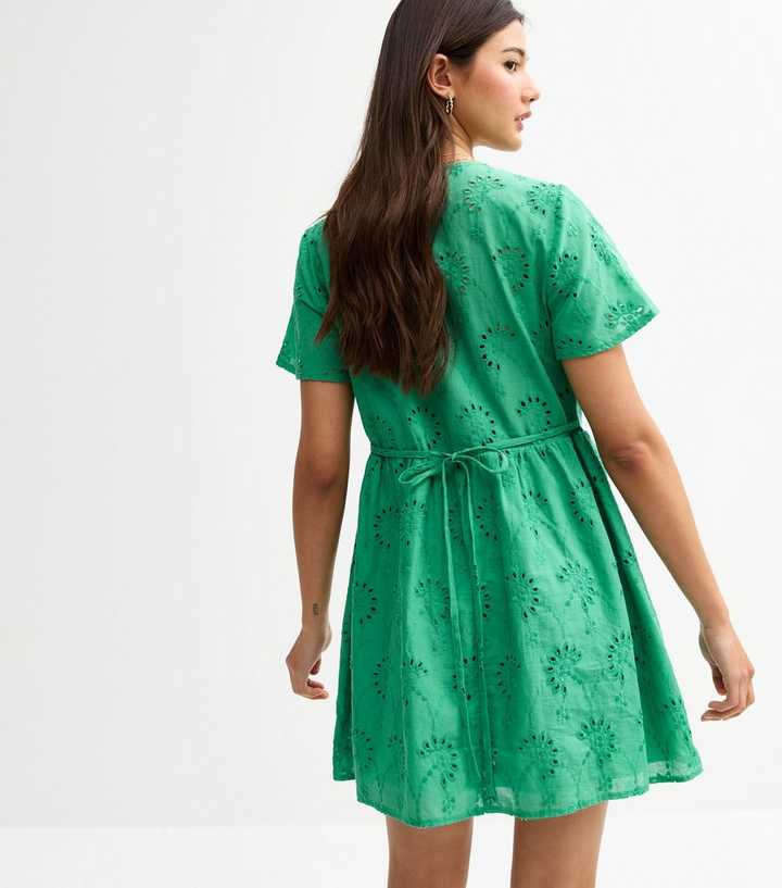 Green Broderie Anglaise V Neck Mini Dress | New Look
