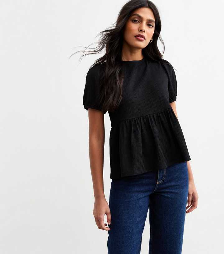 Black Crinkled Jersey Tie Back Peplum Top
