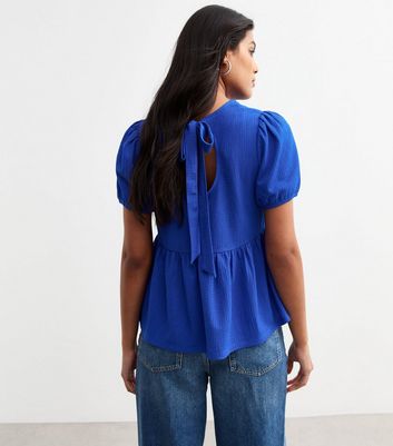 Bright Blue Crinkled Jersey Tie Back Peplum Top | New Look