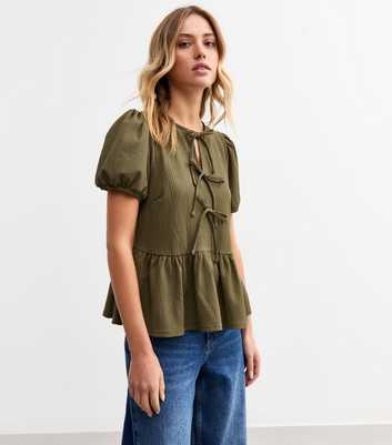 Khaki Green Crinkle Texture Tie Front Smock Top