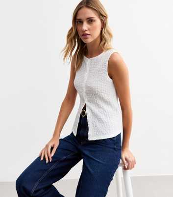 Off White Crinkle Crew Neck Button Through Waistcoat