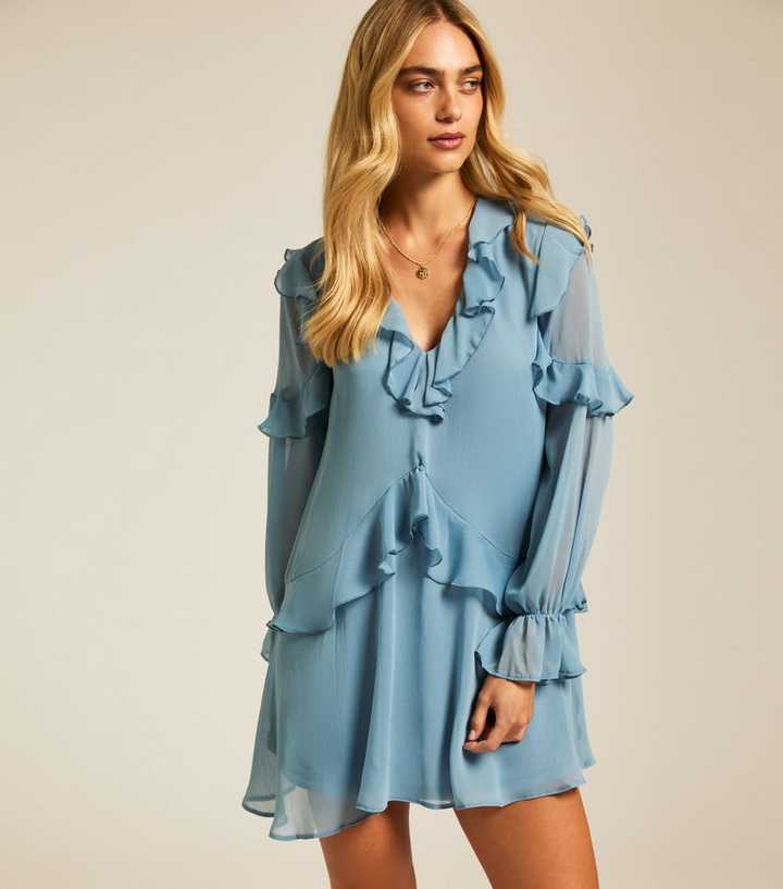 Blue Chiffon Ruffled Long Sleeve Mini Dress