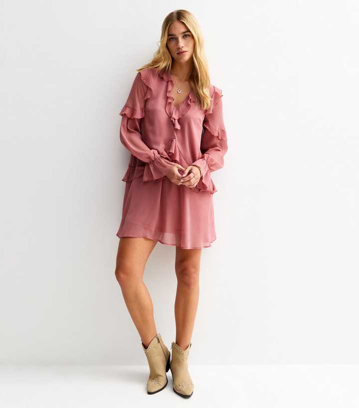 Pink Chiffon Ruffled Long Sleeve Mini Dress