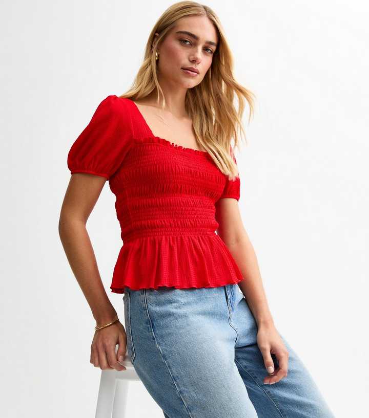 Red Jersey Square Neck Shirred Body Puff Sleeve Top