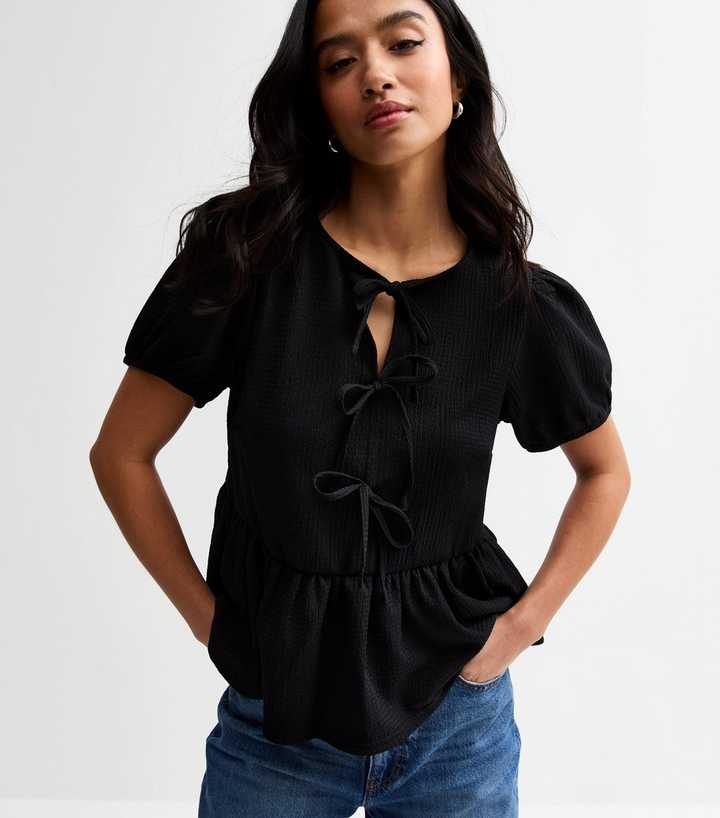 Petite Black Crinkle Texture Tie Front Peplum Top