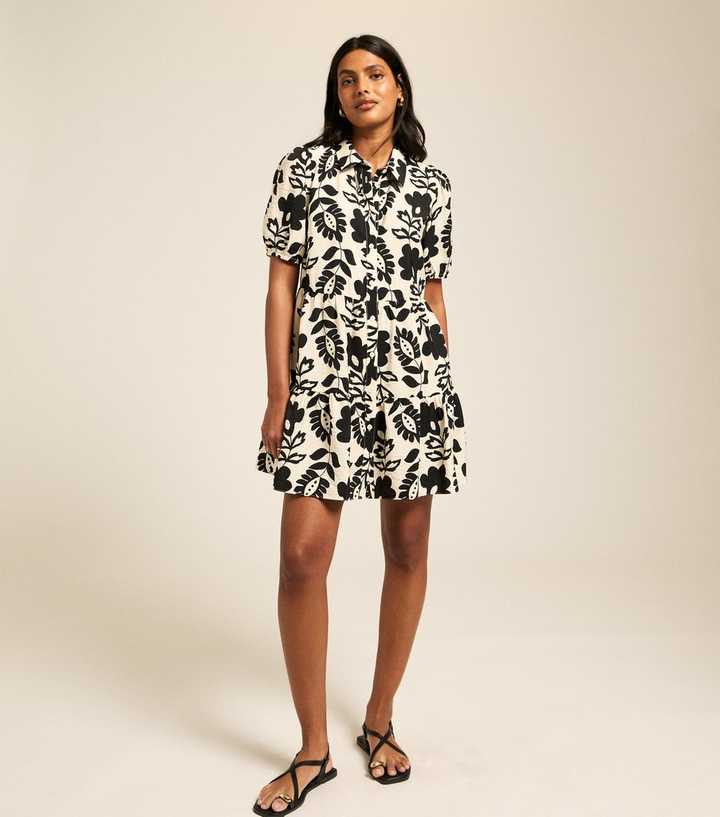 White Crinkle Texture Floral Print Short Sleeve Shirt Dress