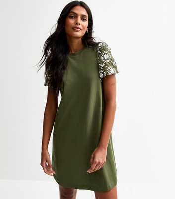 Dark Khaki Broderie Sleeve Mini Swing Dress