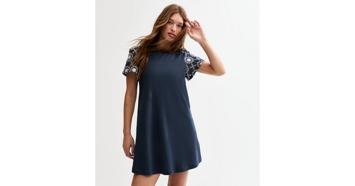 Navy Broderie Sleeve Mini Swing Dress | New Look