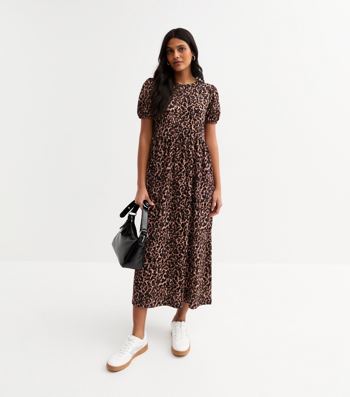 Women's Brown Crinkle Texture Leopard Print Bow Back Midi Dress New Look