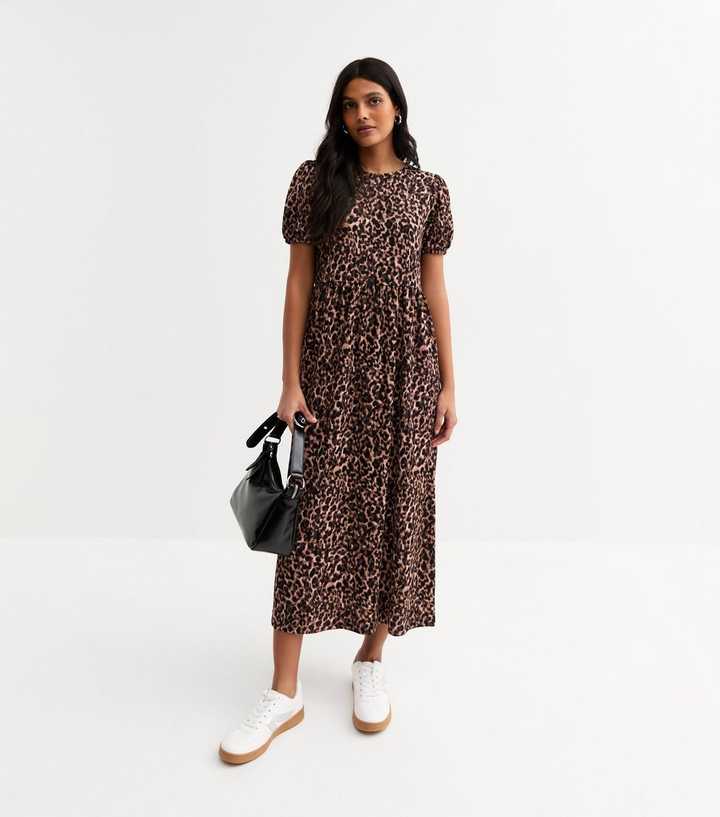 knee length dresses for ladies Leopard Smudge Shirred Tie Front Midi Dress – Little Gems Interiors main image 0