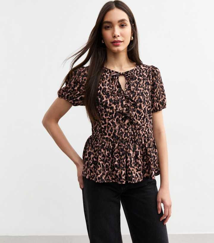 Brown Leopard Print Tie Neck Top