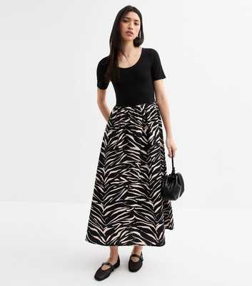 Black Zebra Print Scoop Neck Poplin Midi Dress