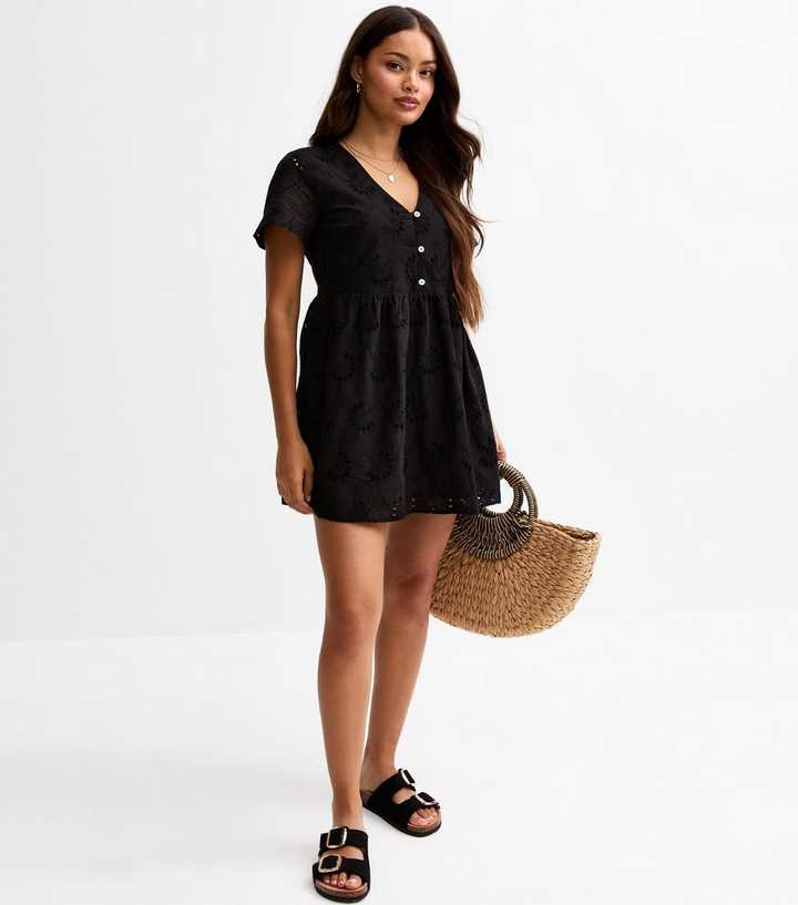 black broderie anglaise mini dress POPLIN BRODERIE-ANGLAIS MINI DRESS main image 1