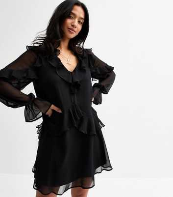Petite Black Ruffle Trimmed Mini Dress