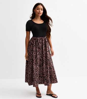 Petite Brown Poplin Leopard Print Scoop Neck 2 in 1 Midi Dress