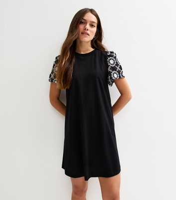 Petite Black Broderie Anglaise Sleeves Mini Dress