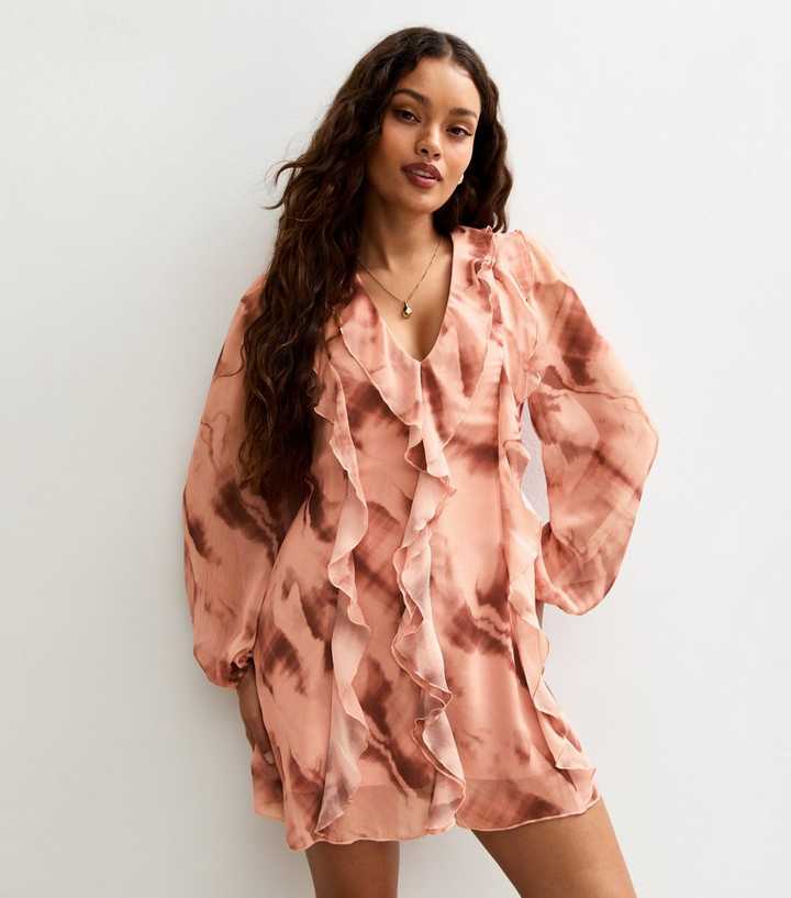 Petite Pink Tie Dye Ruffle Front Chiffon Mini Dress | New Look