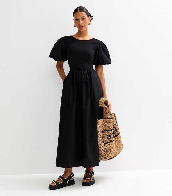 Black Contrast Skirt Midi Dress