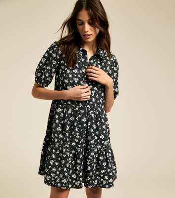 Blue Floral Print Tiered Short Sleeve Shirt Mini Dress