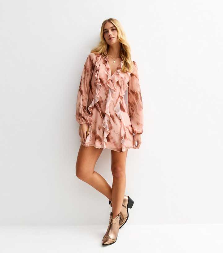 Pink Tie Dye Print Ruffle Trim Chiffon Mini Dress | New Look