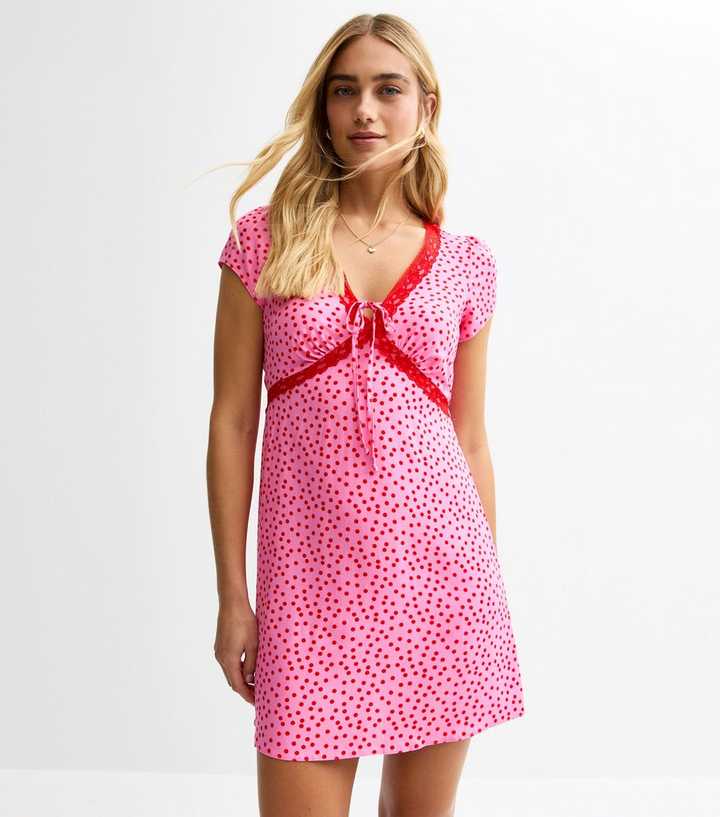 Pink Lace Trim Polka Dot Mini Dress