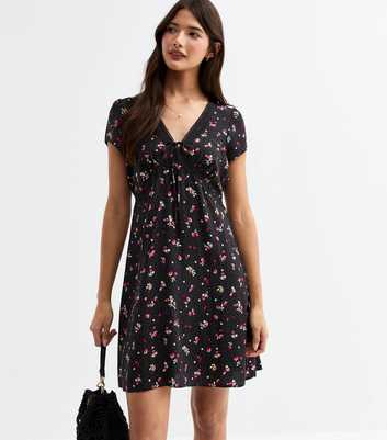 Black Floral Print Lace Trim Mini Dress